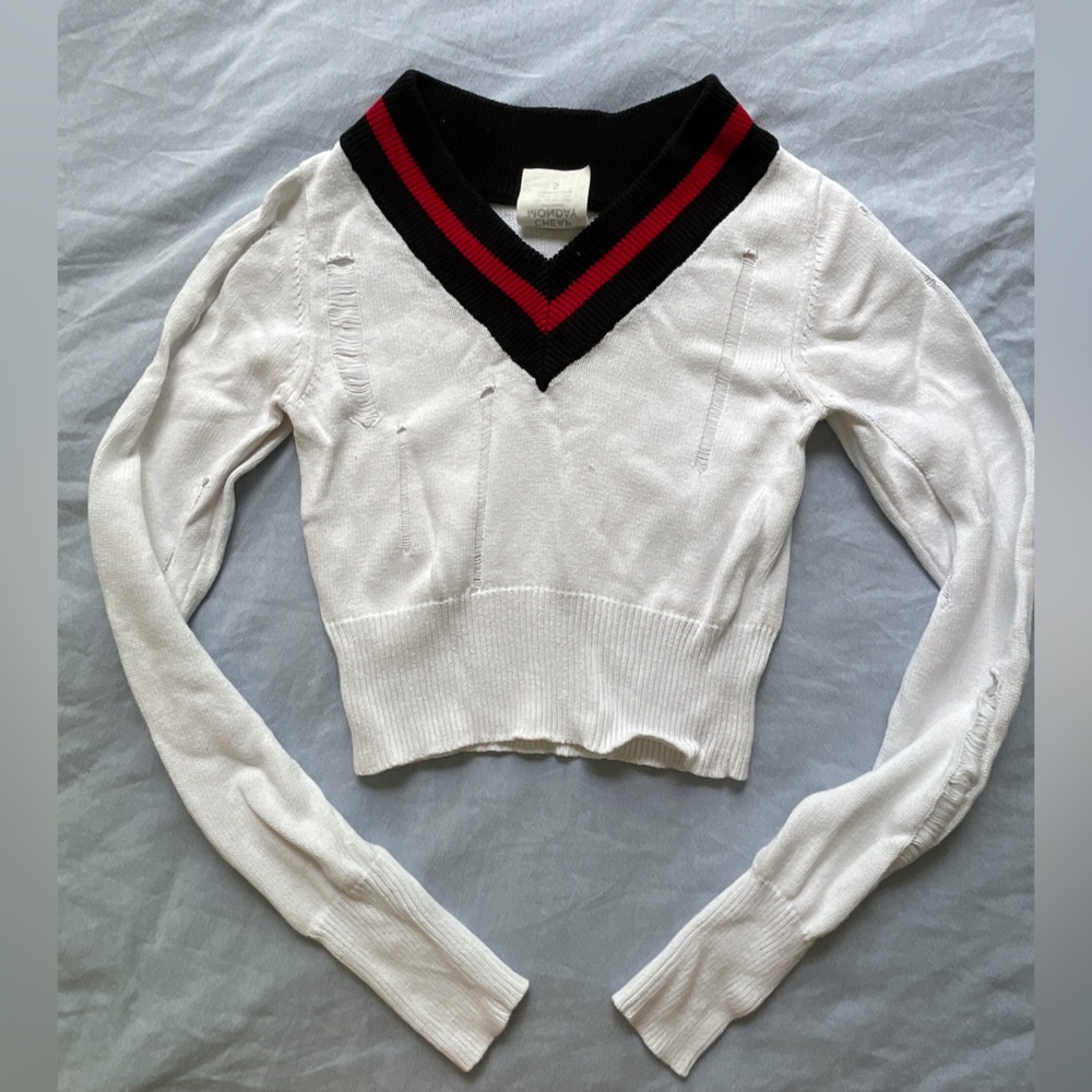 Cheap Monday White Distressed Cropped V-Neck Sweater